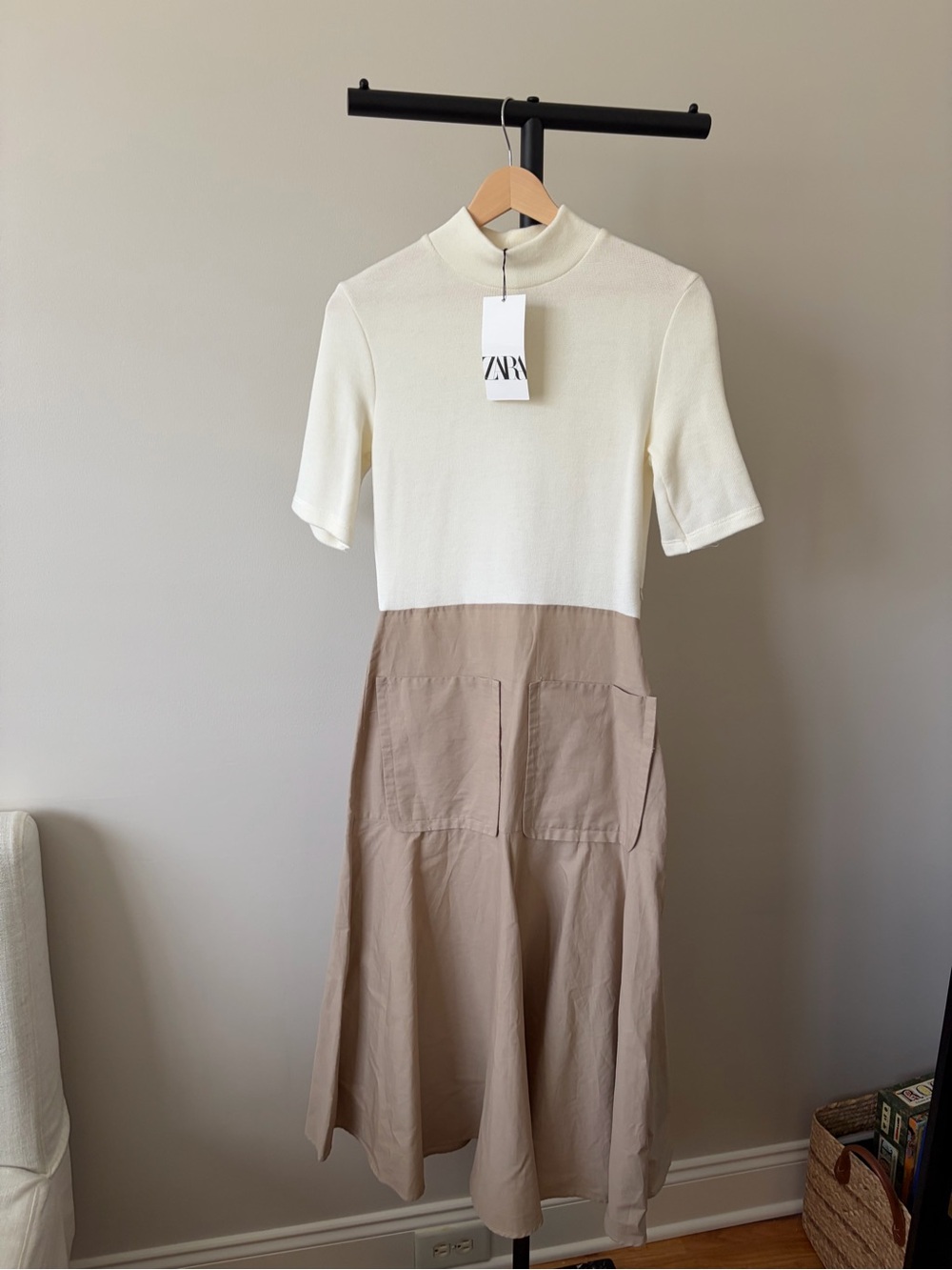 Zara Cream and Tan Two-Tone Midi Skirt Dress